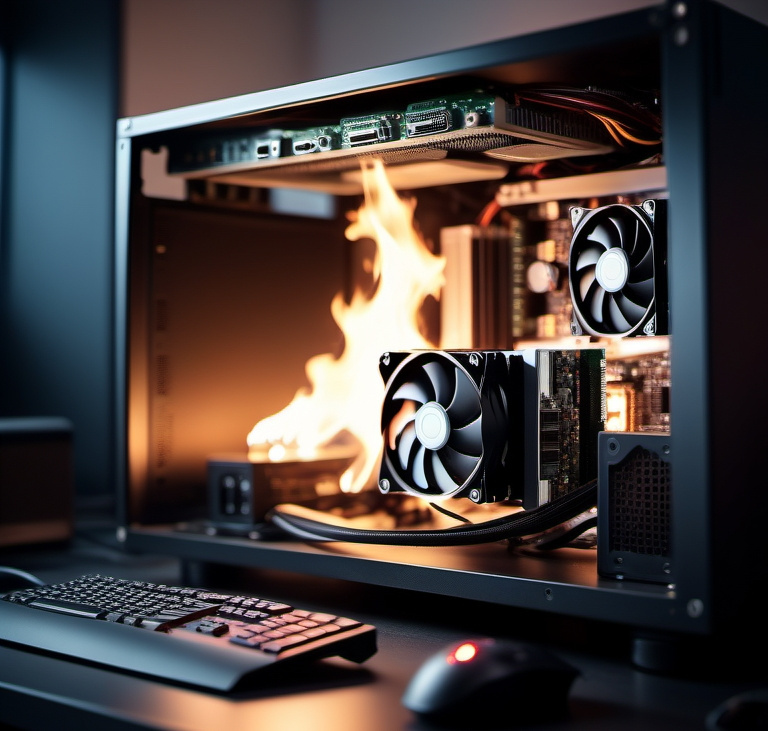 A desktop computer with a graphics card on fire, representing AI